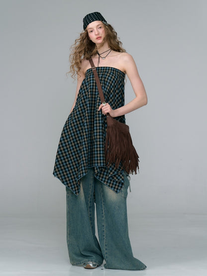 Plaid High Waist Drawstring Pocket Irregular Maxi Skirt【s0000013780】