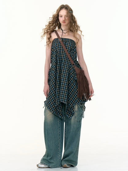 Plaid High Waist Drawstring Pocket Irregular Maxi Skirt【s0000013780】