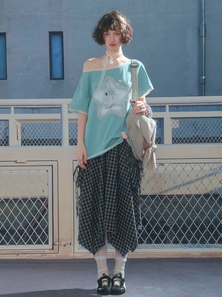 Plaid High Waist Drawstring Pocket Irregular Maxi Skirt【s0000013780】