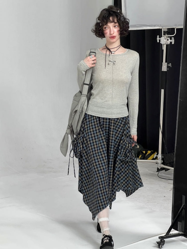 Plaid High Waist Drawstring Pocket Irregular Maxi Skirt【s0000013780】