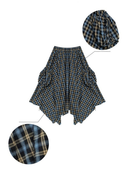 Plaid High Waist Drawstring Pocket Irregular Maxi Skirt【s0000013780】