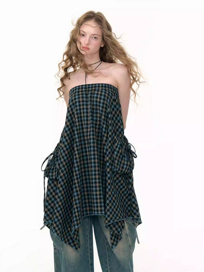 Plaid High Waist Drawstring Pocket Irregular Maxi Skirt【s0000013780】