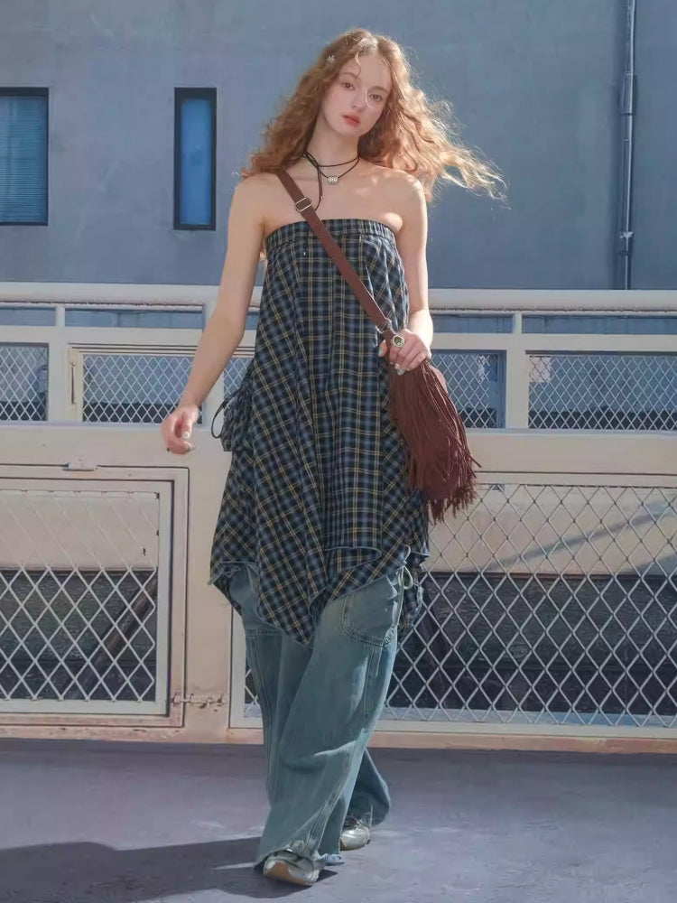 Plaid High Waist Drawstring Pocket Irregular Maxi Skirt【s0000013780】