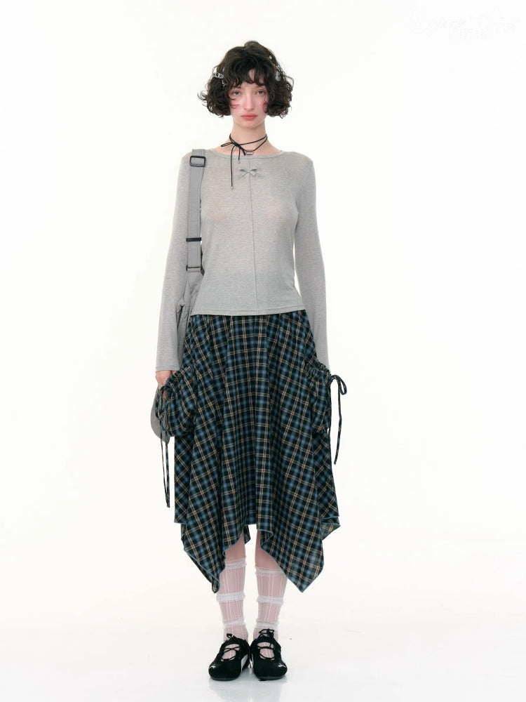 Plaid High Waist Drawstring Pocket Irregular Maxi Skirt【s0000013780】