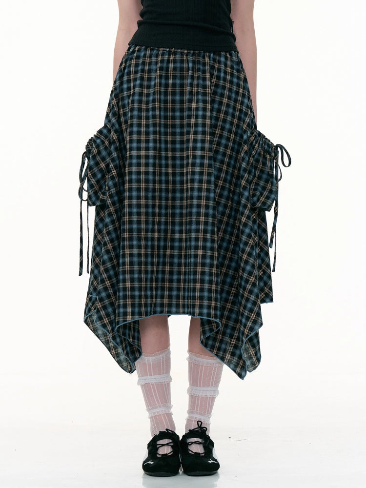 Plaid High Waist Drawstring Pocket Irregular Maxi Skirt【s0000013780】