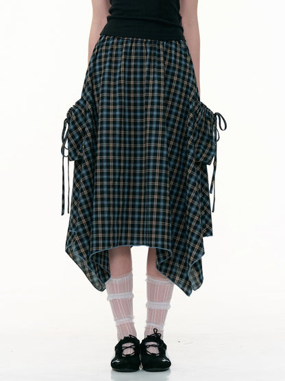 Plaid High Waist Drawstring Pocket Irregular Maxi Skirt【s0000013780】