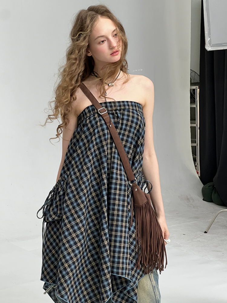 Plaid High Waist Drawstring Pocket Irregular Maxi Skirt【s0000013780】