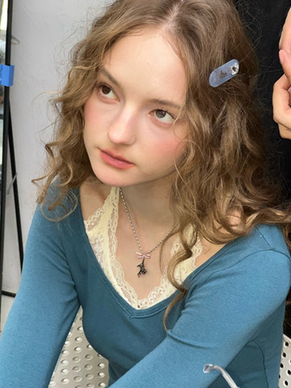 Faux Layered Lace Halter Neck Long Sleeve T-Shirt【s0000013782】