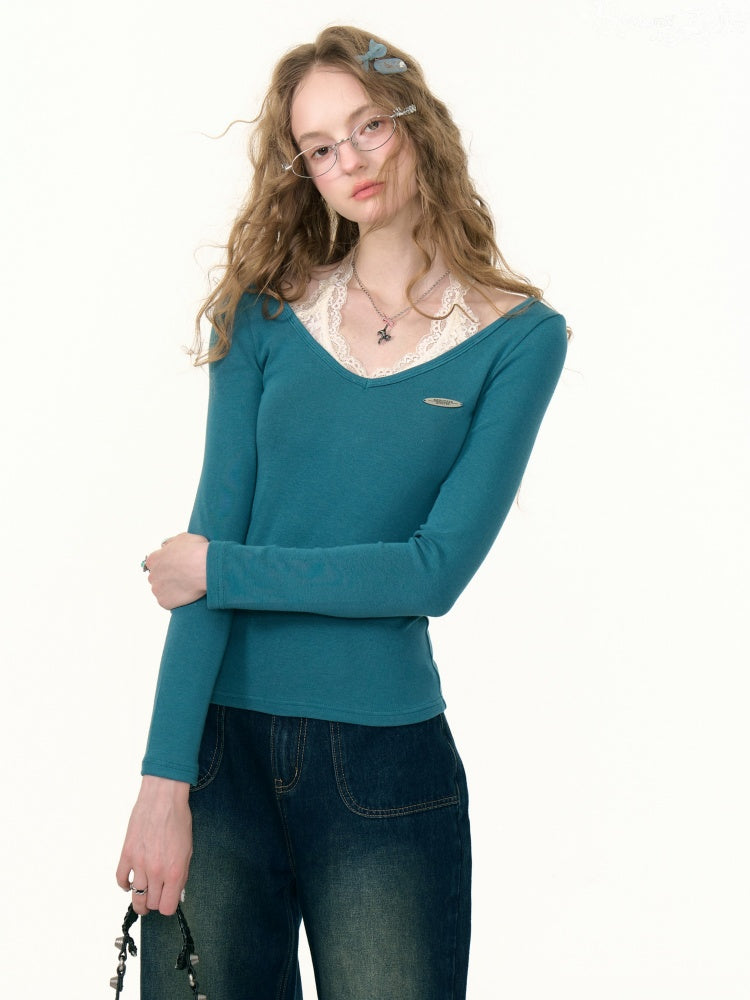 Faux Layered Lace Halter Neck Long Sleeve T-Shirt【s0000013782】