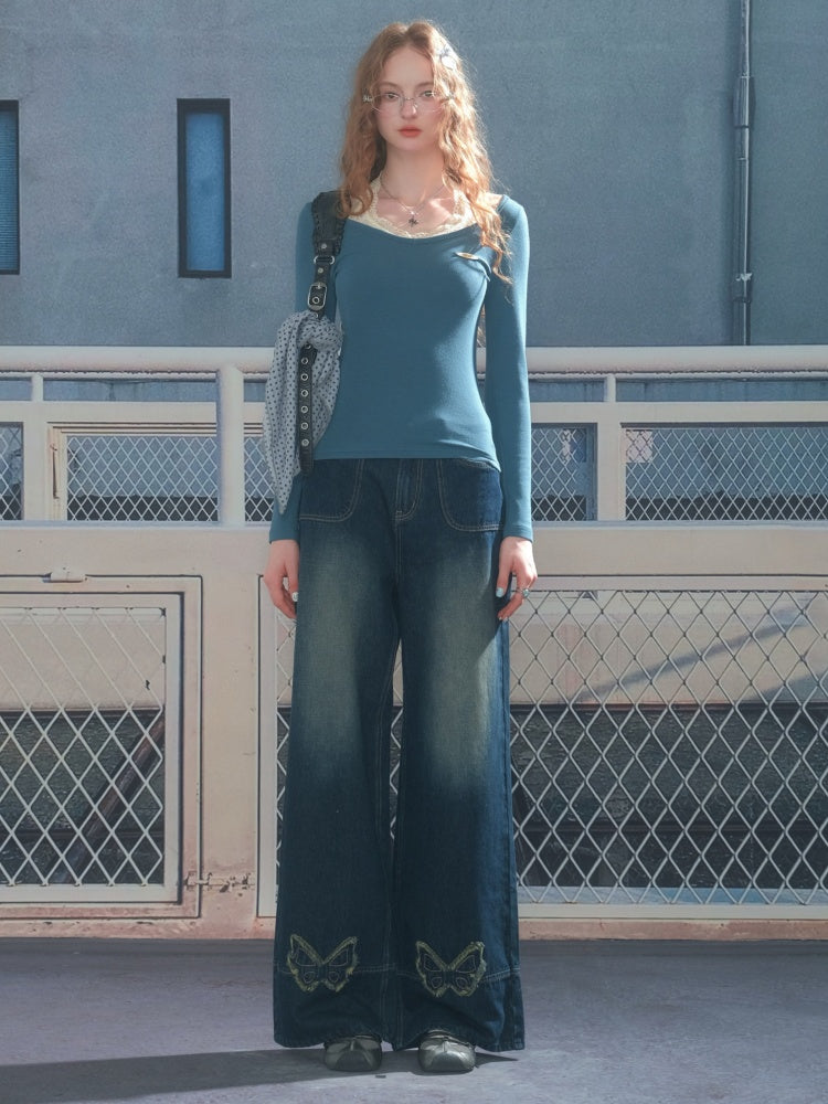 Faux Layered Lace Halter Neck Long Sleeve T-Shirt【s0000013782】