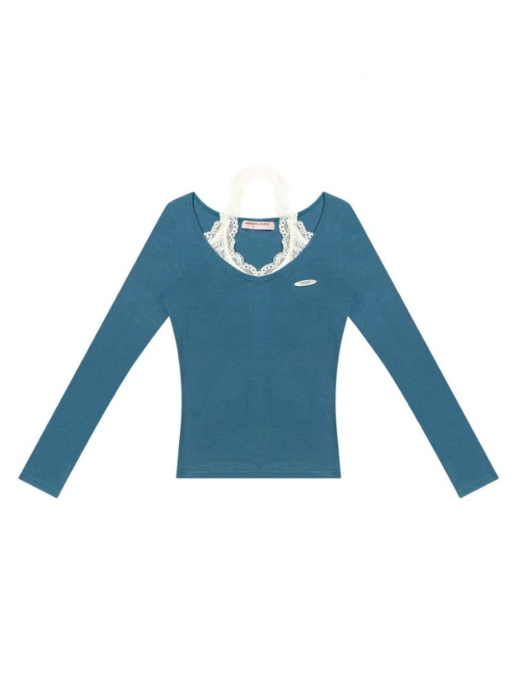 Faux Layered Lace Halter Neck Long Sleeve T-Shirt【s0000013782】