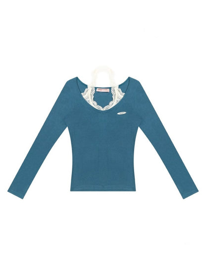 Faux Layered Lace Halter Neck Long Sleeve T-Shirt【s0000013782】