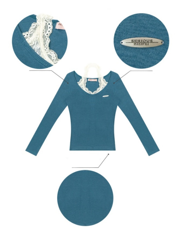 Faux Layered Lace Halter Neck Long Sleeve T-Shirt【s0000013782】