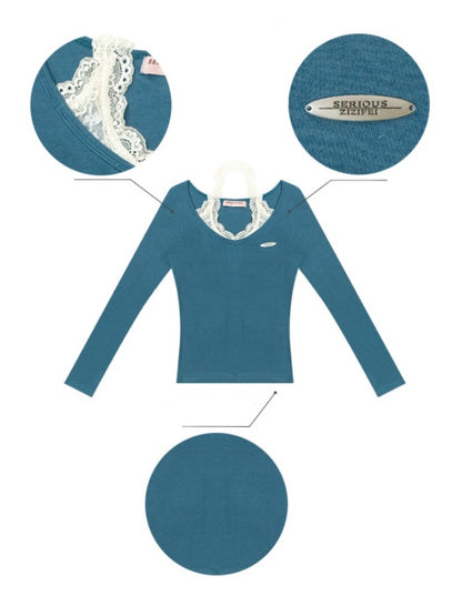 Faux Layered Lace Halter Neck Long Sleeve T-Shirt【s0000013782】
