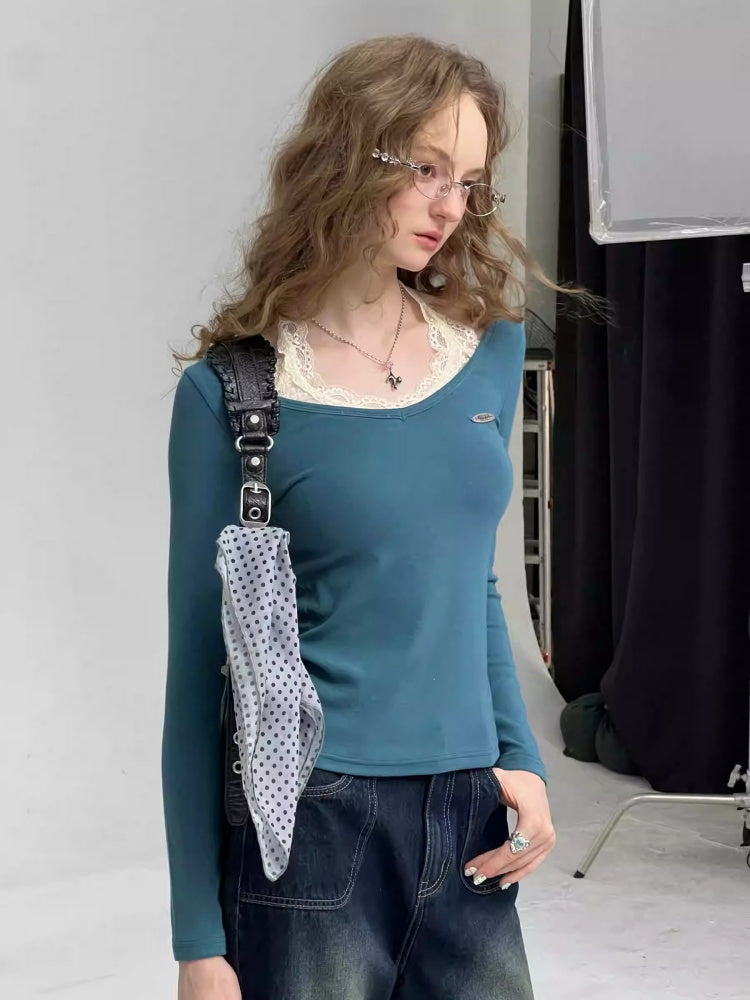 Faux Layered Lace Halter Neck Long Sleeve T-Shirt【s0000013782】