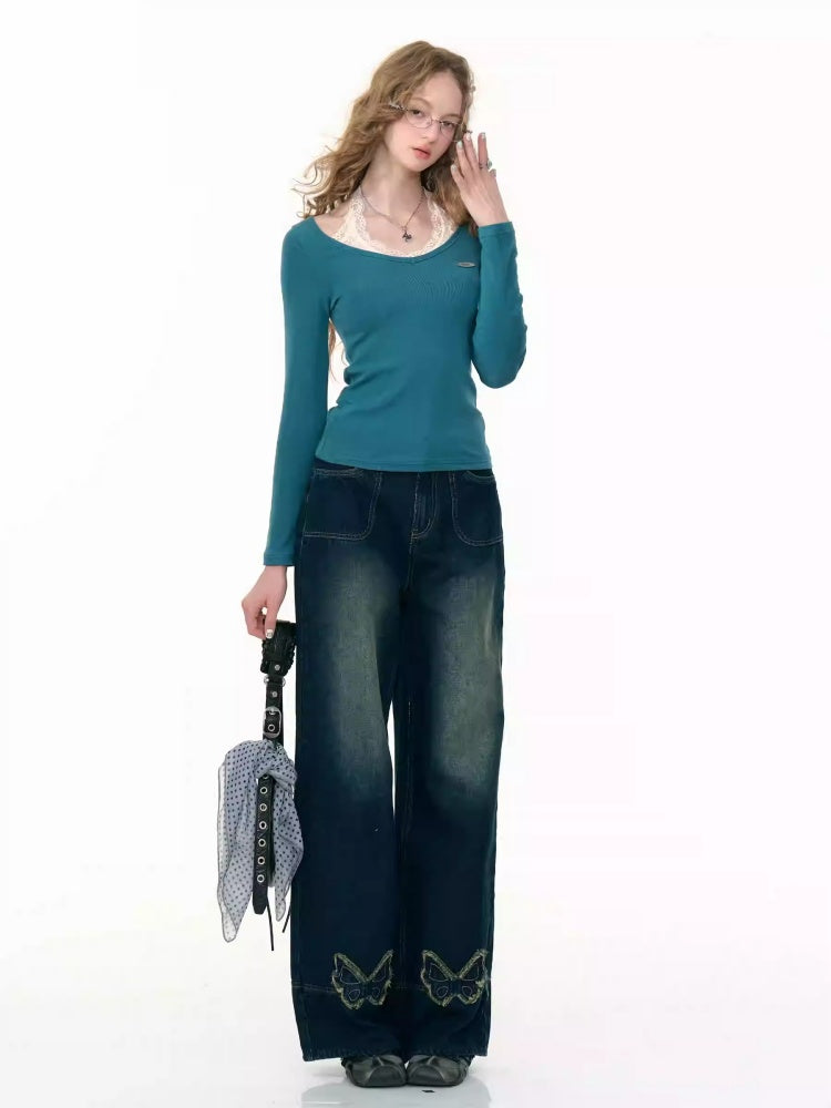 Faux Layered Lace Halter Neck Long Sleeve T-Shirt【s0000013782】