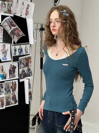 Faux Layered Lace Halter Neck Long Sleeve T-Shirt【s0000013782】