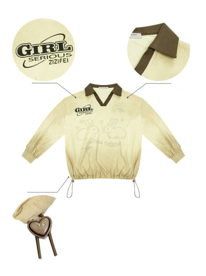 Gradient Rabbit Print Drawstring Sports Style Polo V-Neck Sweatshirt【s0000013783】