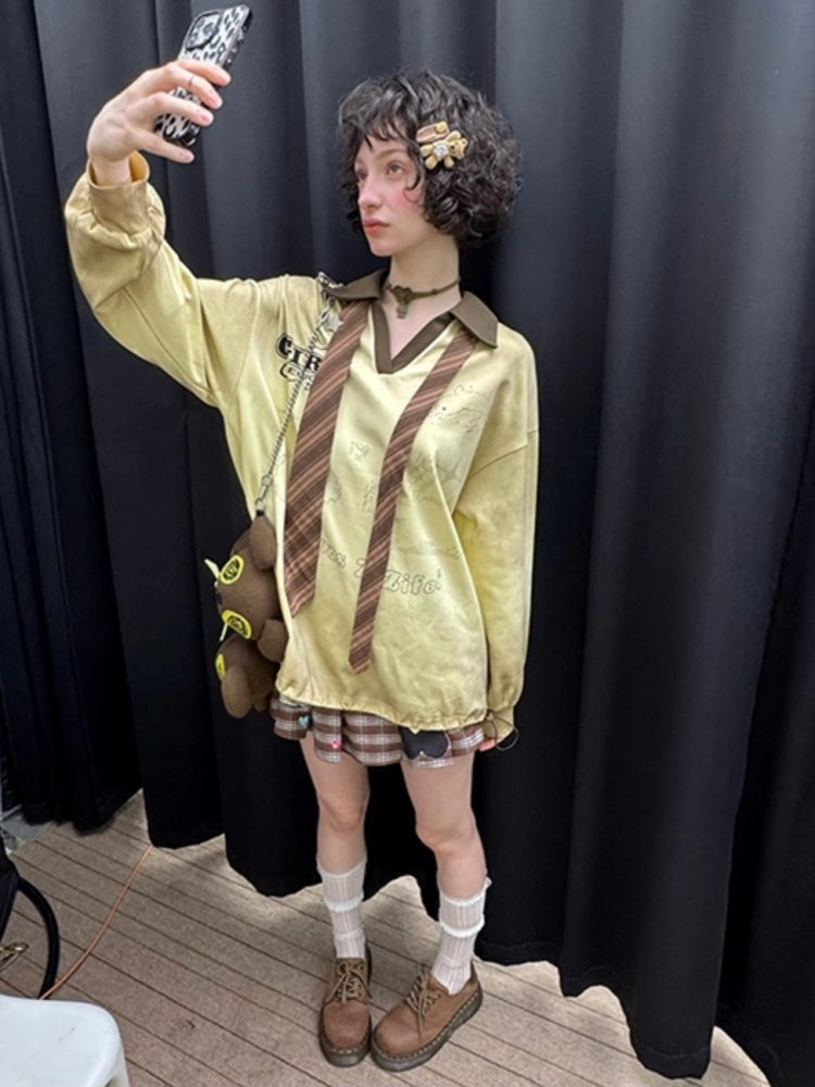 Gradient Rabbit Print Drawstring Sports Style Polo V-Neck Sweatshirt【s0000013783】