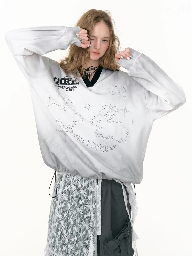 Gradient Rabbit Print Drawstring Sports Style Polo V-Neck Sweatshirt【s0000013783】