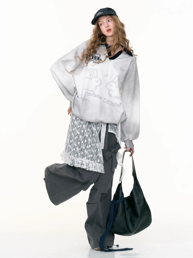 Gradient Rabbit Print Drawstring Sports Style Polo V-Neck Sweatshirt【s0000013783】