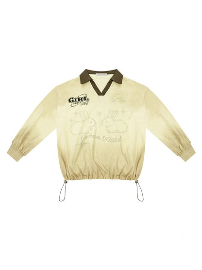 Gradient Rabbit Print Drawstring Sports Style Polo V-Neck Sweatshirt【s0000013783】