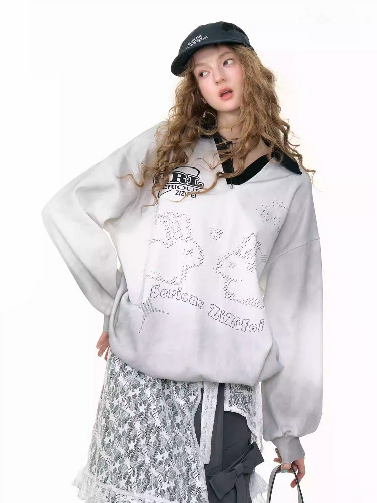 Gradient Rabbit Print Drawstring Sports Style Polo V-Neck Sweatshirt【s0000013783】