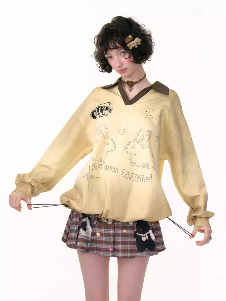 Gradient Rabbit Print Drawstring Sports Style Polo V-Neck Sweatshirt【s0000013783】