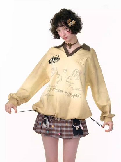 Gradient Rabbit Print Drawstring Sports Style Polo V-Neck Sweatshirt【s0000013783】