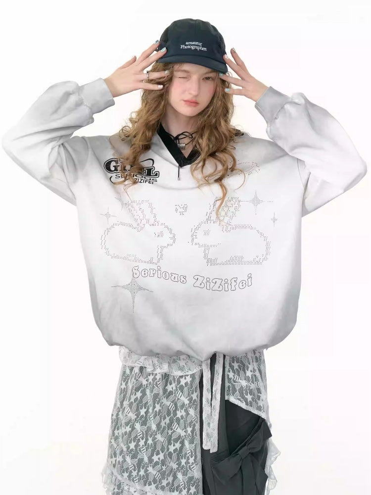 Gradient Rabbit Print Drawstring Sports Style Polo V-Neck Sweatshirt【s0000013783】