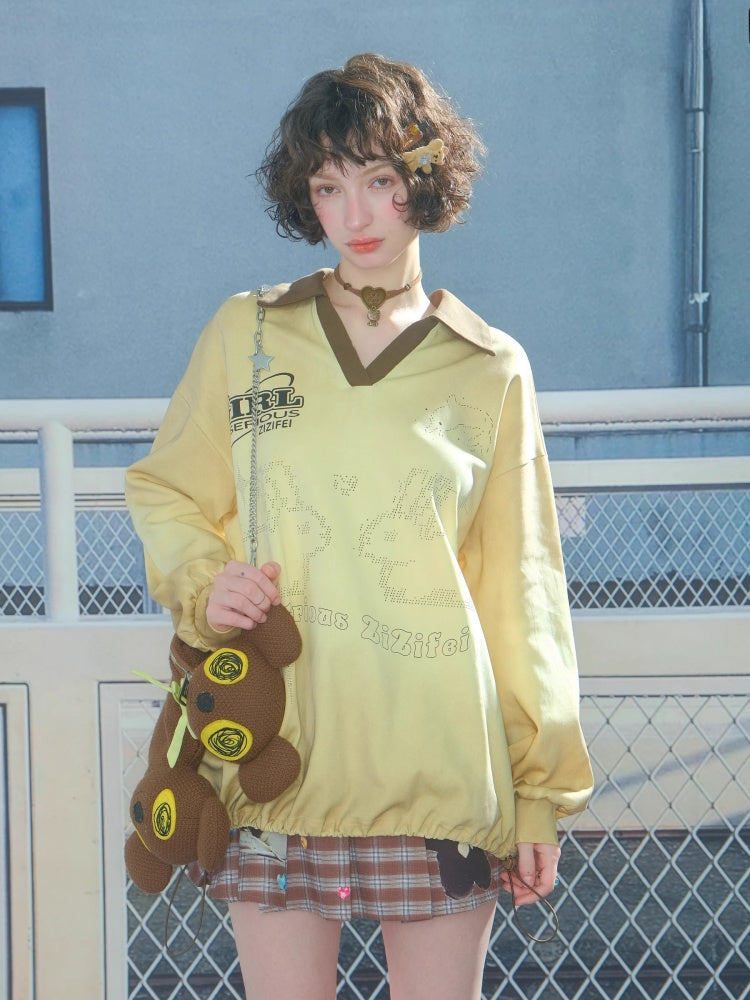 Gradient Rabbit Print Drawstring Sports Style Polo V-Neck Sweatshirt【s0000013783】