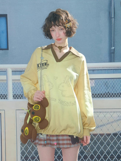 Gradient Rabbit Print Drawstring Sports Style Polo V-Neck Sweatshirt【s0000013783】