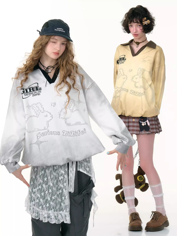 Gradient Rabbit Print Drawstring Sports Style Polo V-Neck Sweatshirt【s0000013783】