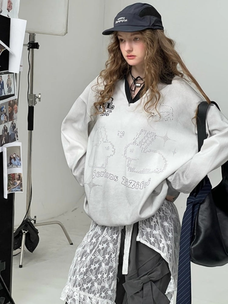 Gradient Rabbit Print Drawstring Sports Style Polo V-Neck Sweatshirt【s0000013783】