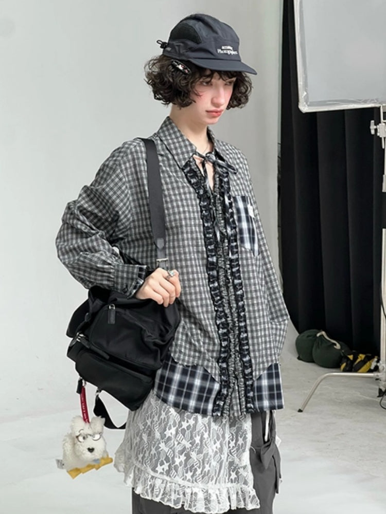 Loose Plaid Spliced Wave Edge Long Sleeved Shirt【s0000013784】