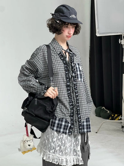 Loose Plaid Spliced Wave Edge Long Sleeved Shirt【s0000013784】