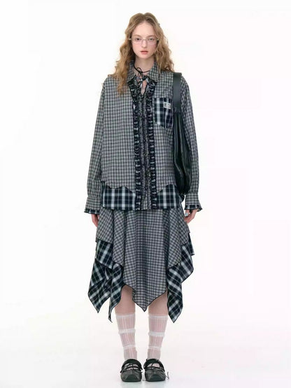 Loose Plaid Spliced Wave Edge Long Sleeved Shirt【s0000013784】