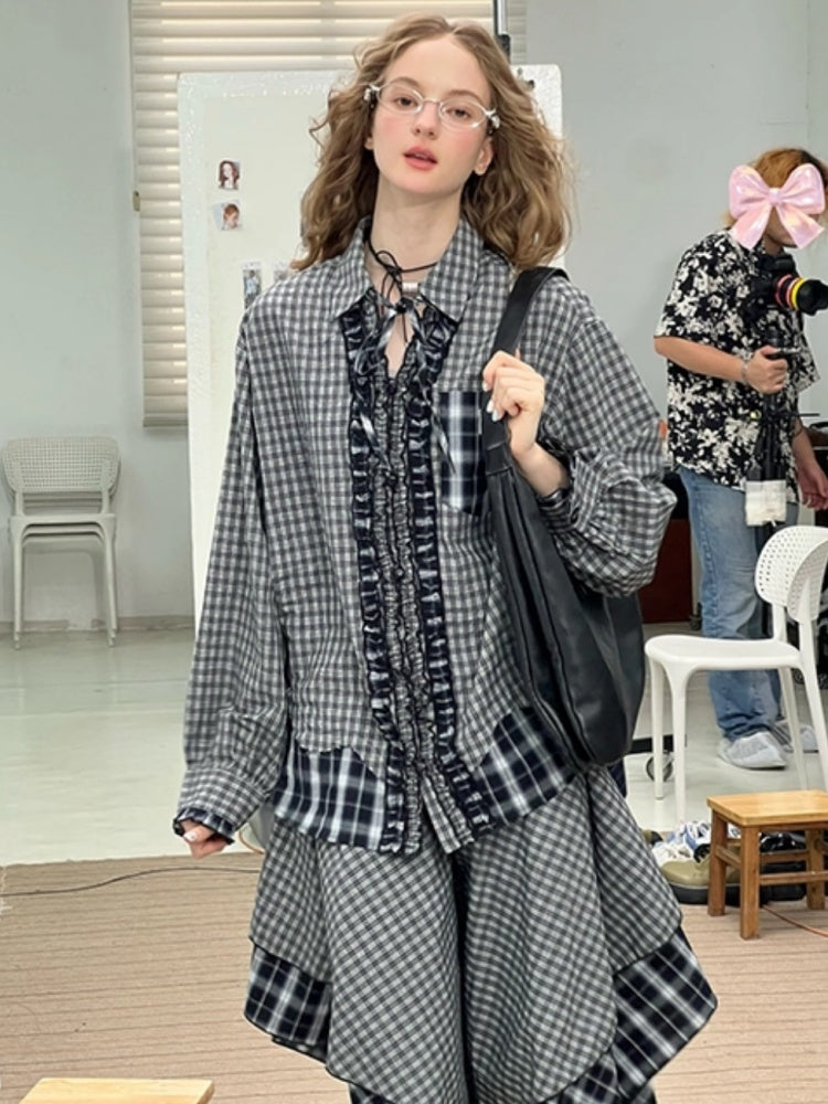 Loose Plaid Spliced Wave Edge Long Sleeved Shirt【s0000013784】