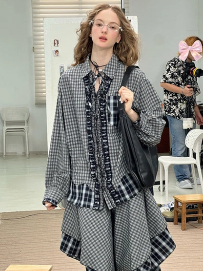 Loose Plaid Spliced Wave Edge Long Sleeved Shirt【s0000013784】