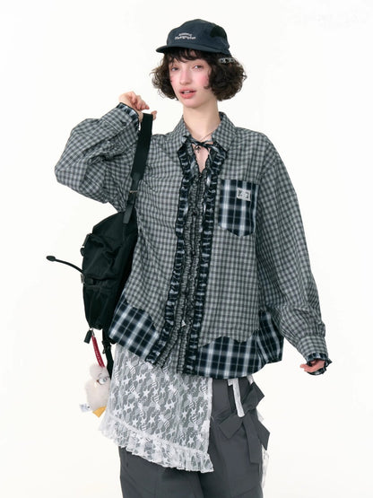Loose Plaid Spliced Wave Edge Long Sleeved Shirt【s0000013784】
