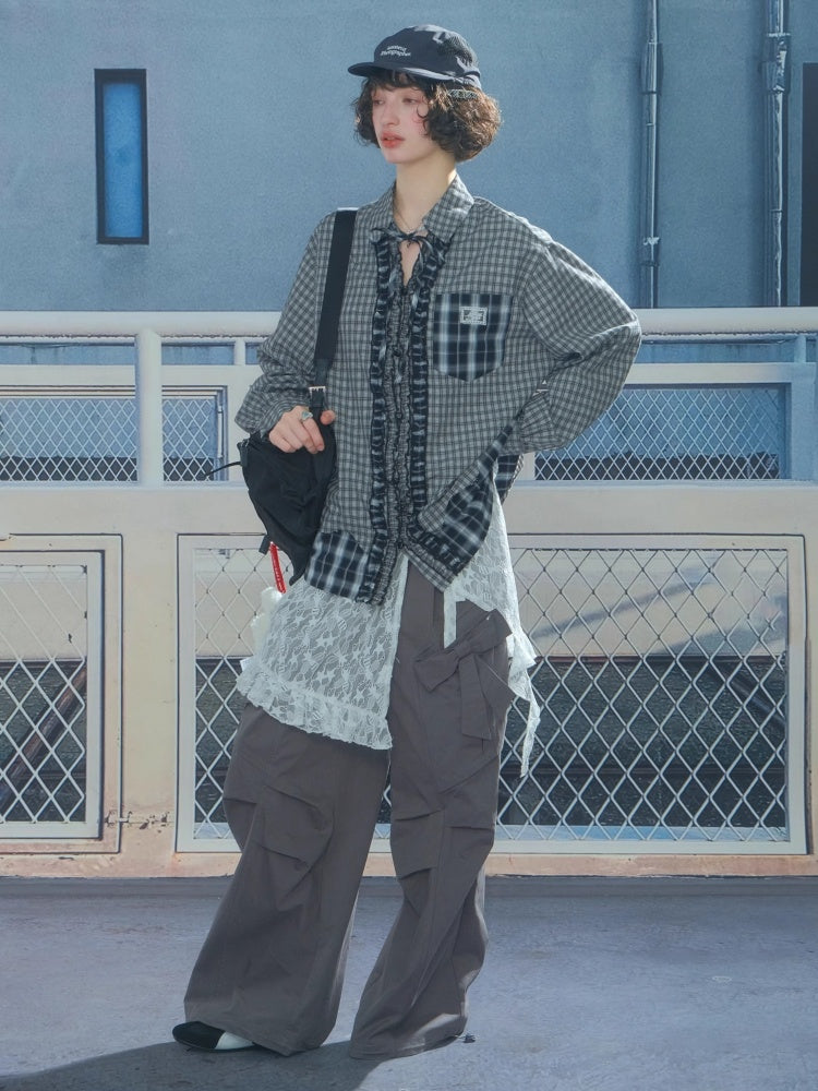 Loose Plaid Spliced Wave Edge Long Sleeved Shirt【s0000013784】
