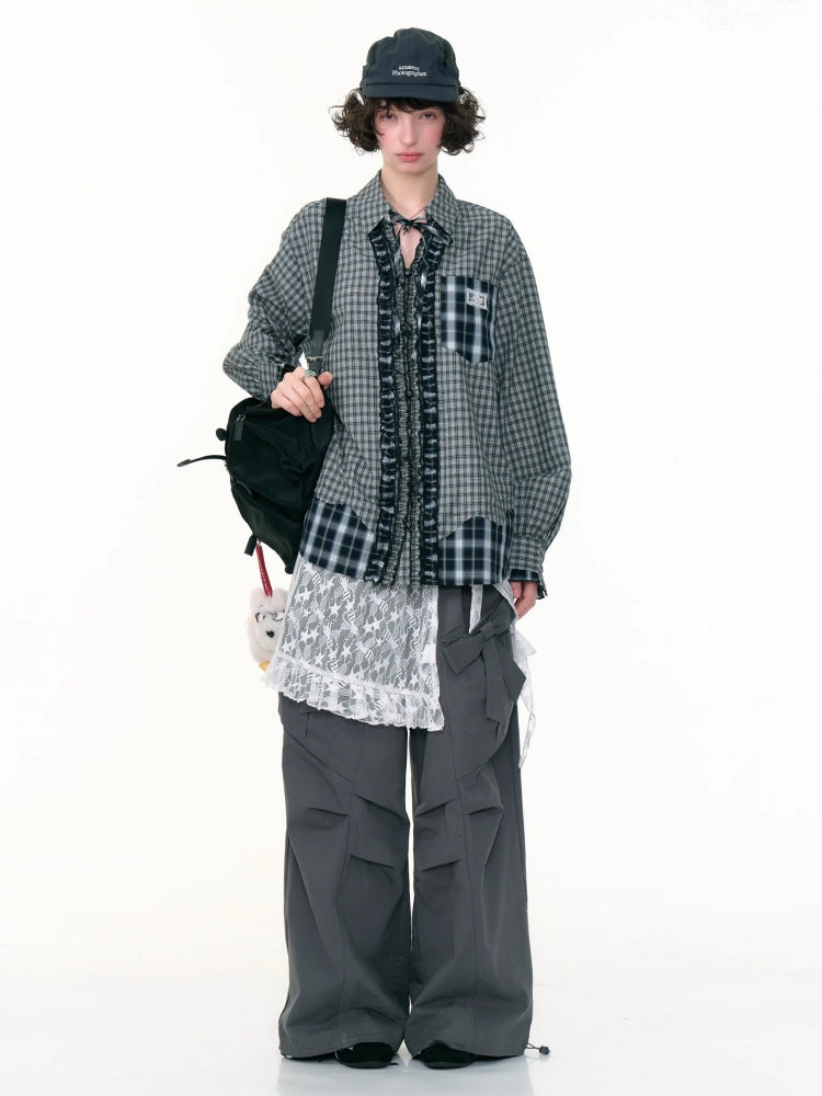 Loose Plaid Spliced Wave Edge Long Sleeved Shirt【s0000013784】