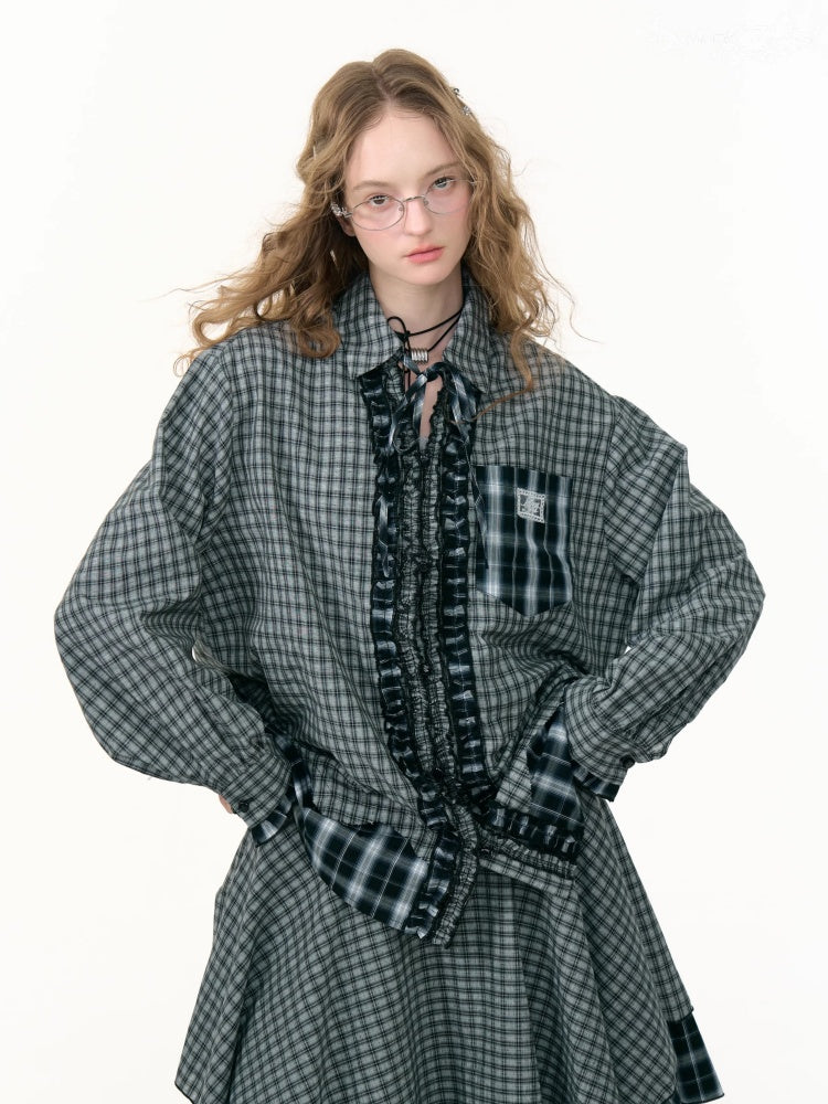 Loose Plaid Spliced Wave Edge Long Sleeved Shirt【s0000013784】