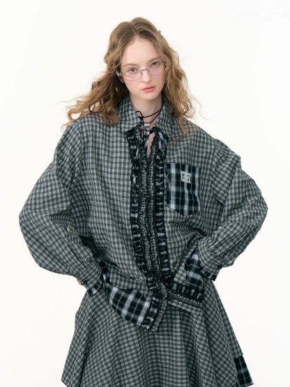 Loose Plaid Spliced Wave Edge Long Sleeved Shirt【s0000013784】