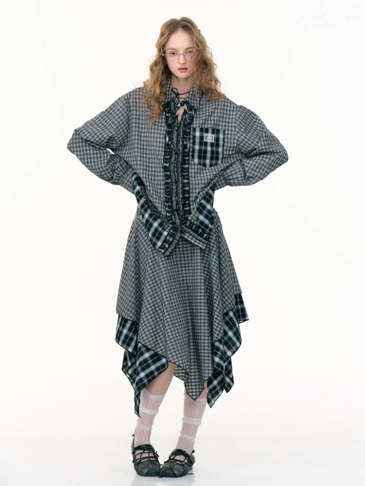 Loose Plaid Spliced Wave Edge Long Sleeved Shirt【s0000013784】