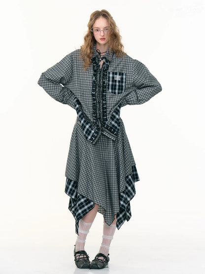 Loose Plaid Spliced Wave Edge Long Sleeved Shirt【s0000013784】