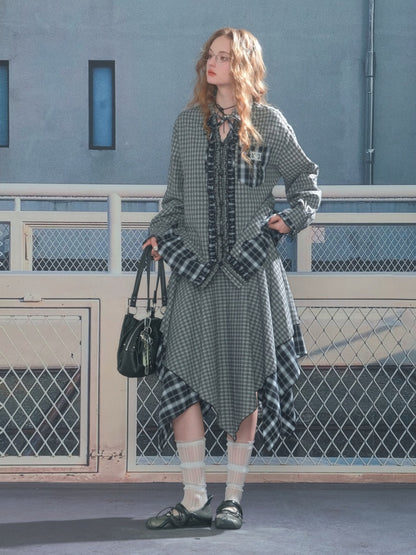 Loose Plaid Spliced Wave Edge Long Sleeved Shirt【s0000013784】