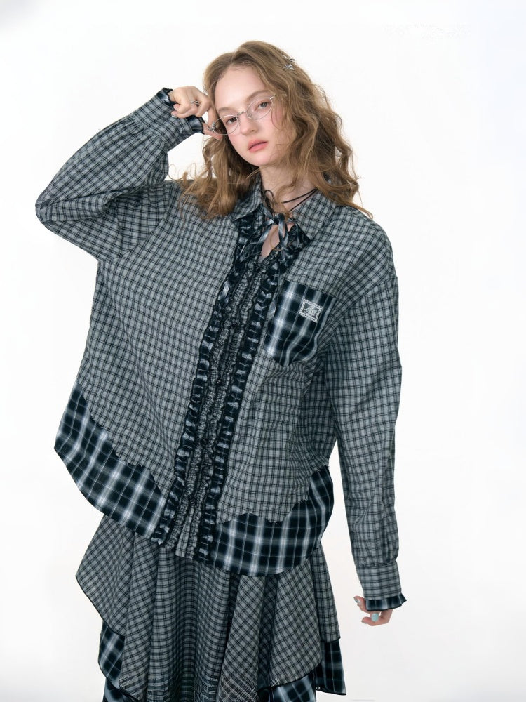 Loose Plaid Spliced Wave Edge Long Sleeved Shirt【s0000013784】