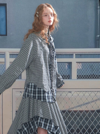 Loose Plaid Spliced Wave Edge Long Sleeved Shirt【s0000013784】