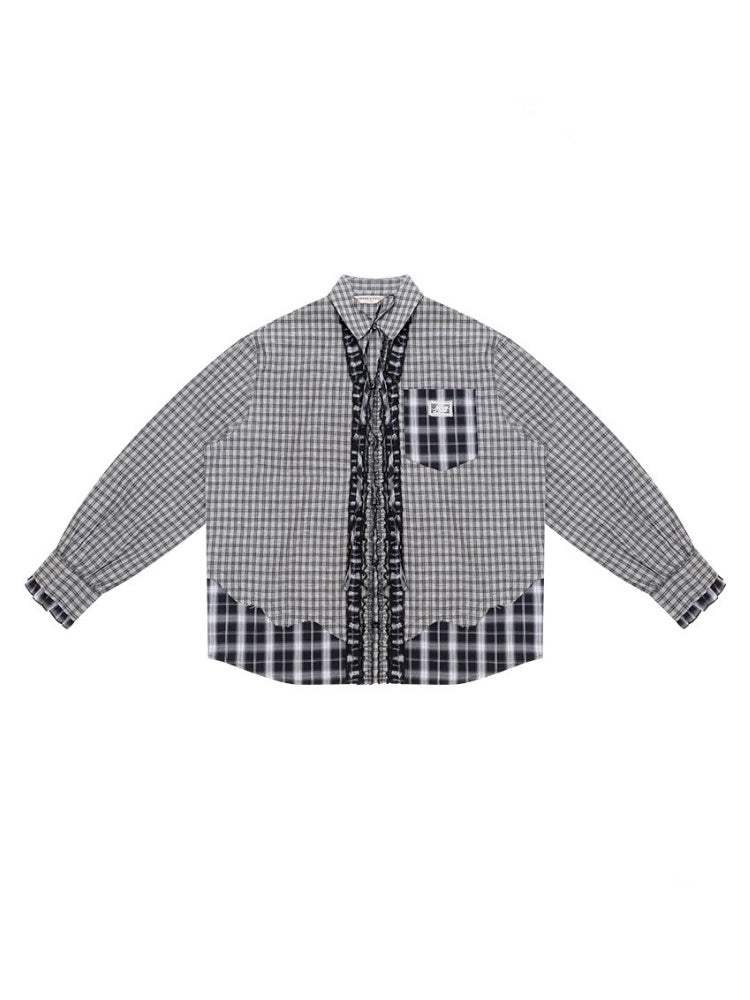 Loose Plaid Spliced Wave Edge Long Sleeved Shirt【s0000013784】